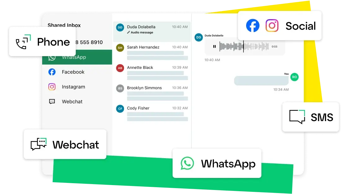 GoTo Connect material showing a shared inbox for phone, messages and digital channels.